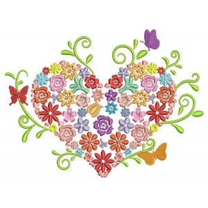 Ornate Heart With Flowers and Butterflies Filled Machine Embroidery Design Digitized Pattern